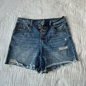 High-Rise Distressed Denim Jean Shorts - Blue
